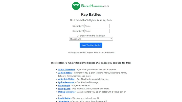 Screenshot of AI Rap Battles website