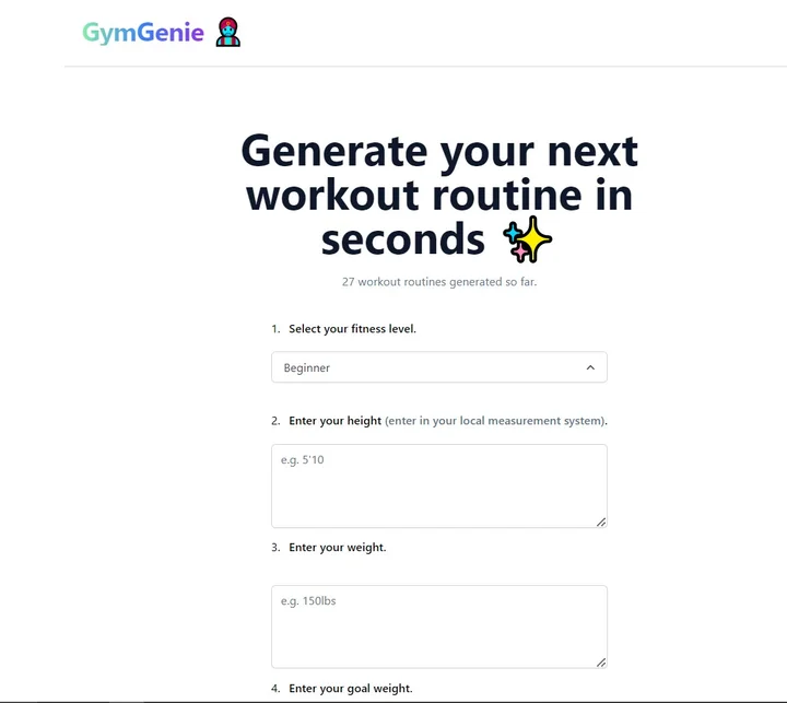 Screenshot of GymGenie website