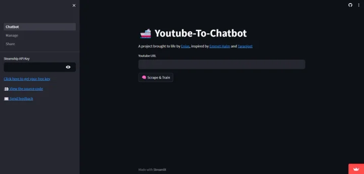 Screenshot of YouTube to Chatbot website