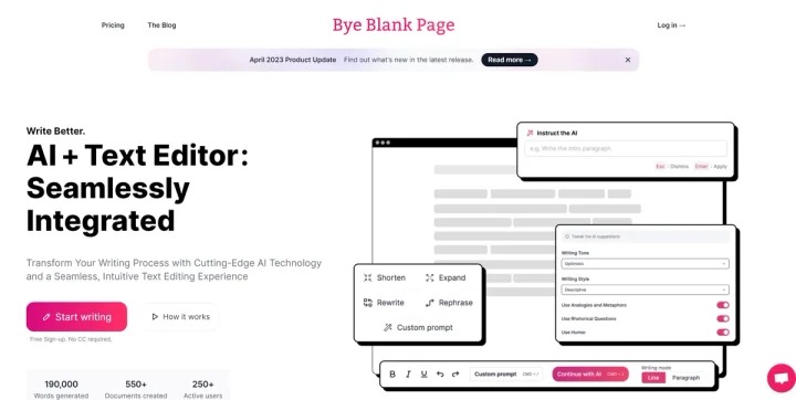 Screenshot of Bye Blank Page website