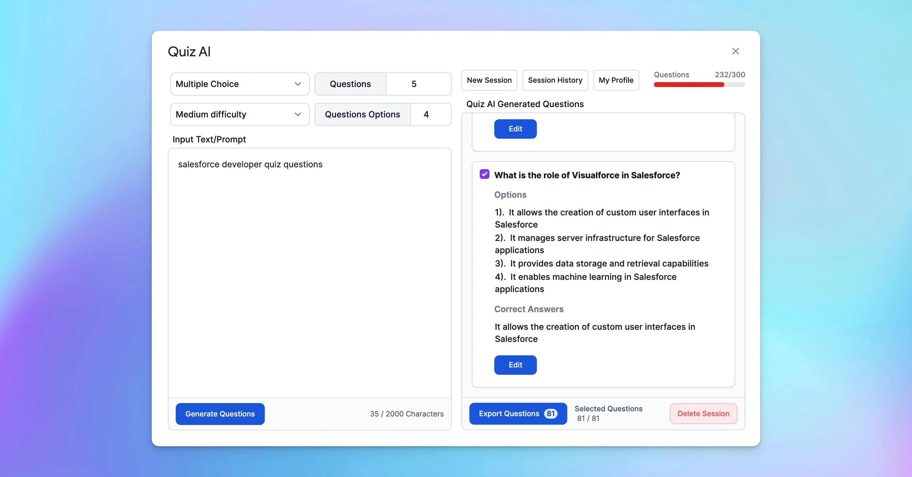 Screenshot of Quiz AI website