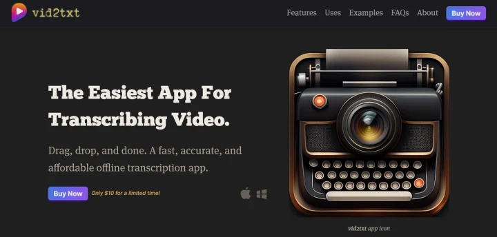 Screenshot of Vid2txt website