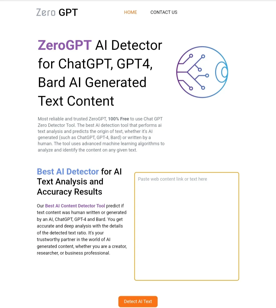Screenshot of Zero GPT website