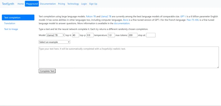Screenshot of Playground TextSynth website