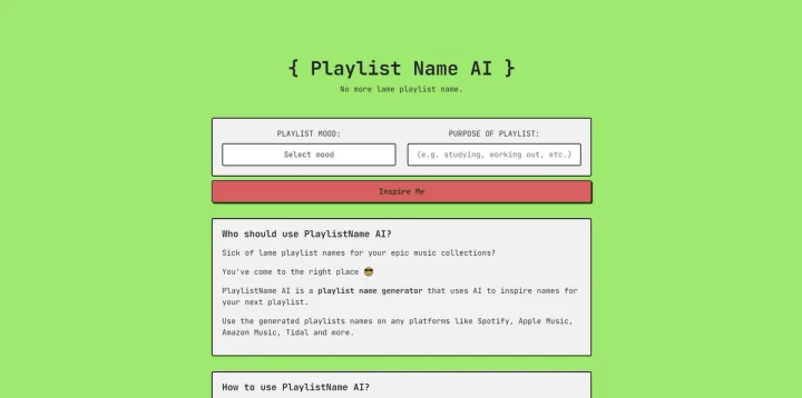 Screenshot of PlaylistName AI website