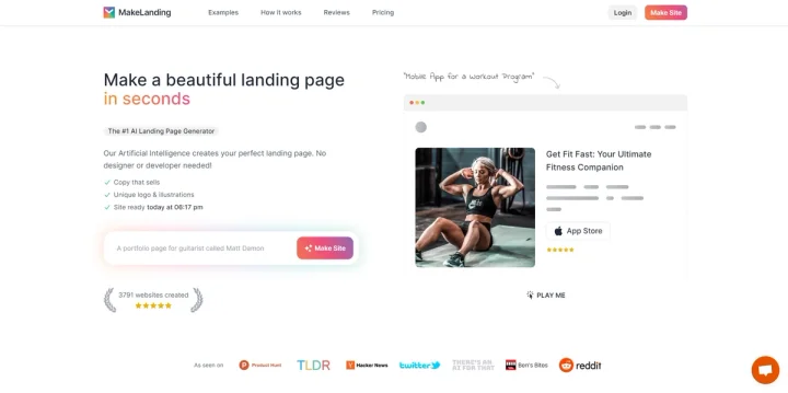 Screenshot of Makelanding website