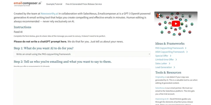 Screenshot of EmailCompser.ai website