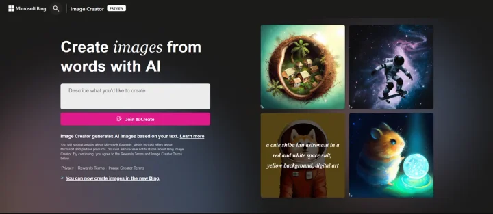 Screenshot of Bing Image Creator website