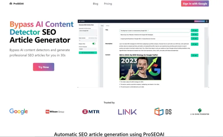 Screenshot of ProSEOAI website