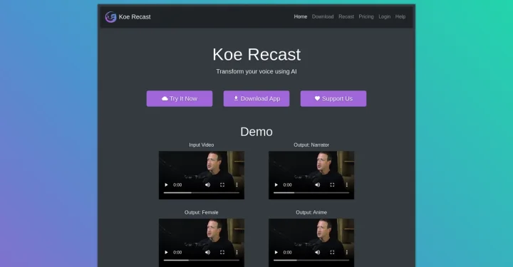 Screenshot of Koe Recast website