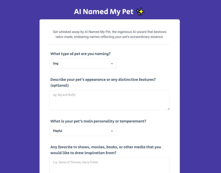 Screenshot of AI Named My Pet website