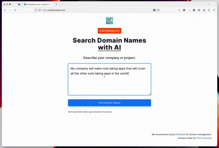 Screenshot of Smarty Names website