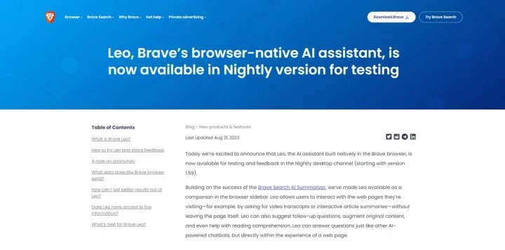 Screenshot of Brave Leo website