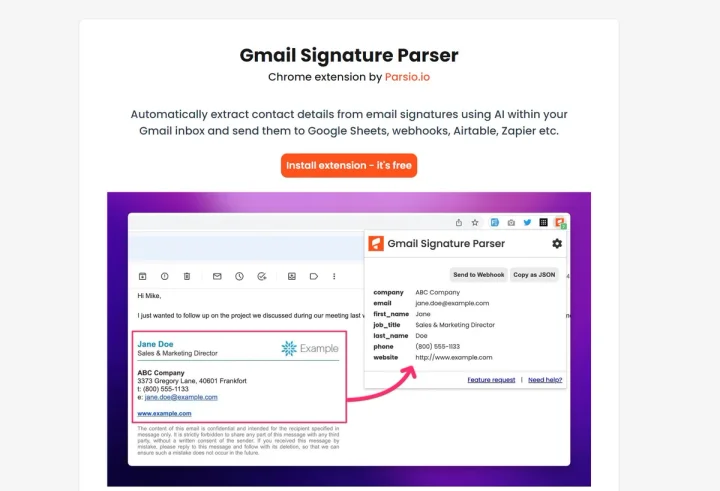 Screenshot of Gmail Signature Parser website