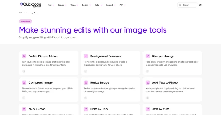Screenshot of QuickTools by Picsart website