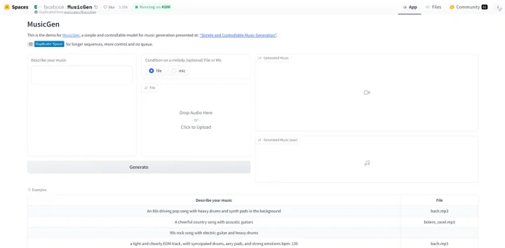 Screenshot of MusicGen website