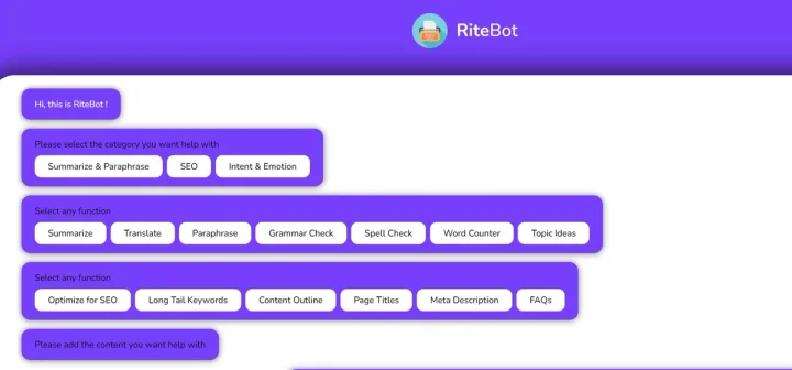 Screenshot of RiteBot website
