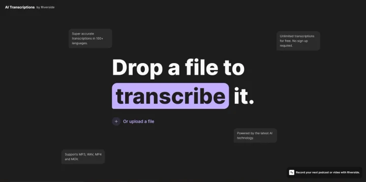 Screenshot of AI Transcription by Riverside website