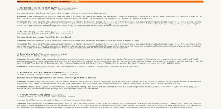 Screenshot of HackYourNews website