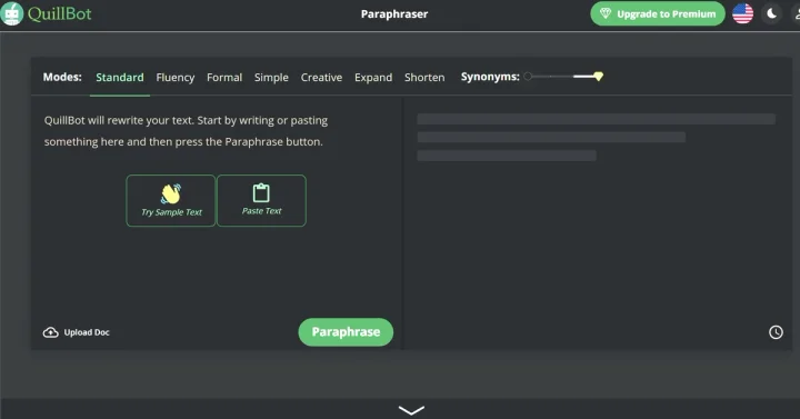 Screenshot of Quillbot Paraphraser website