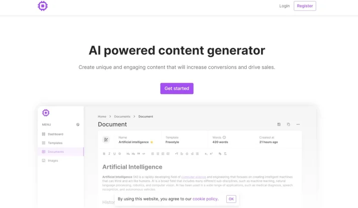 Screenshot of Content Generator website