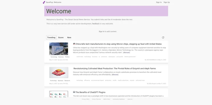 Screenshot of SavePop website