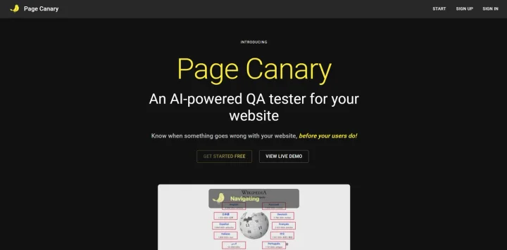 Screenshot of Page Canary website