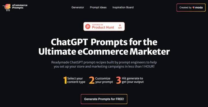 Screenshot of ECommerce Prompt Generator website