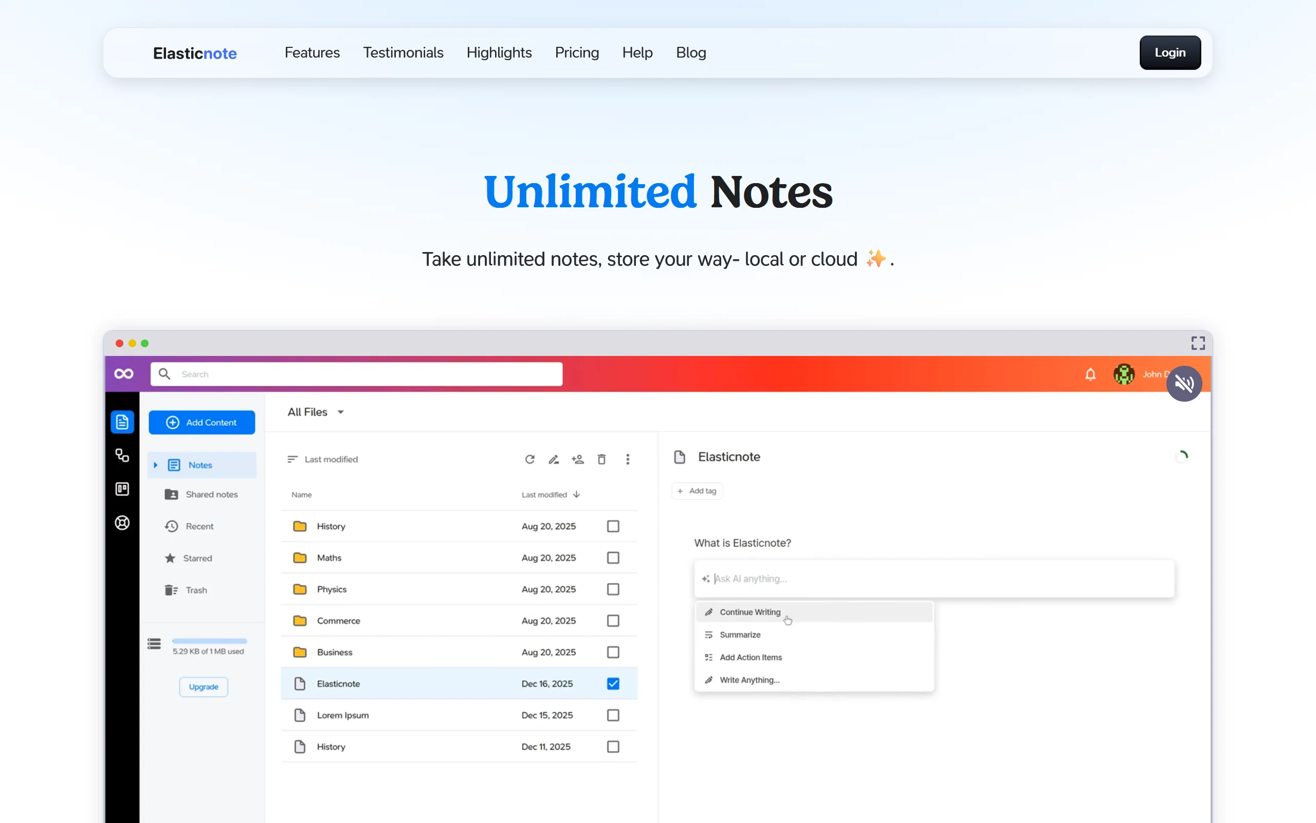 Screenshot of Elasticnote website