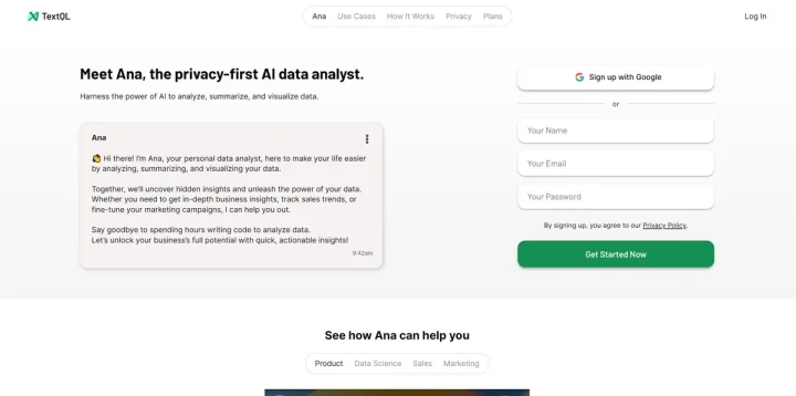 Screenshot of Ana by TextQL website