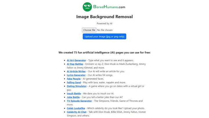Screenshot of BoredHumans Image Background Removal website