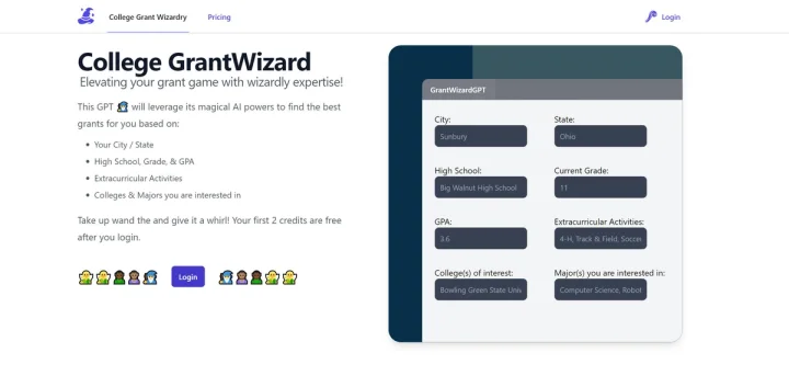 Screenshot of CollegeGrantWizard website