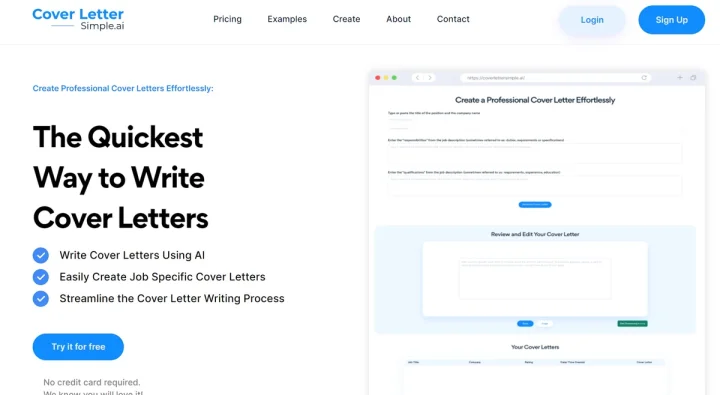 Screenshot of CoverLetterSimple.ai website