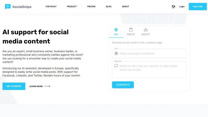 Screenshot of SocialSnips website