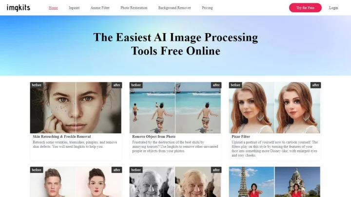Screenshot of Imgkits - AI Image Processing Tools Online website