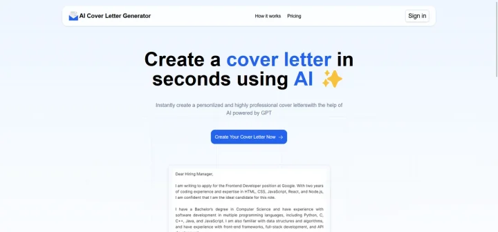 Screenshot of AI Cover Letter Generator website
