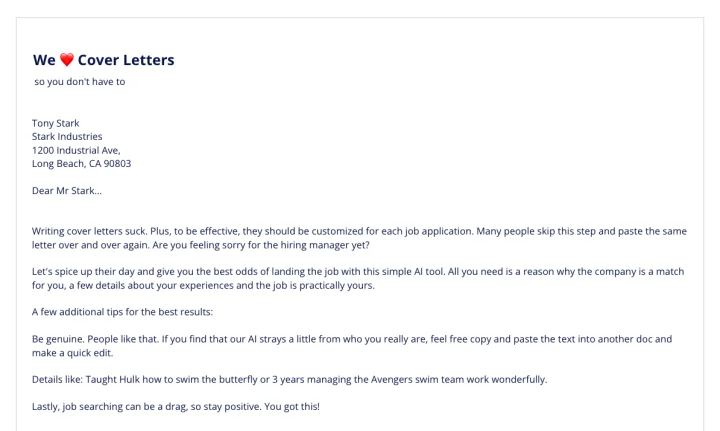 Screenshot of We Cover Letters website
