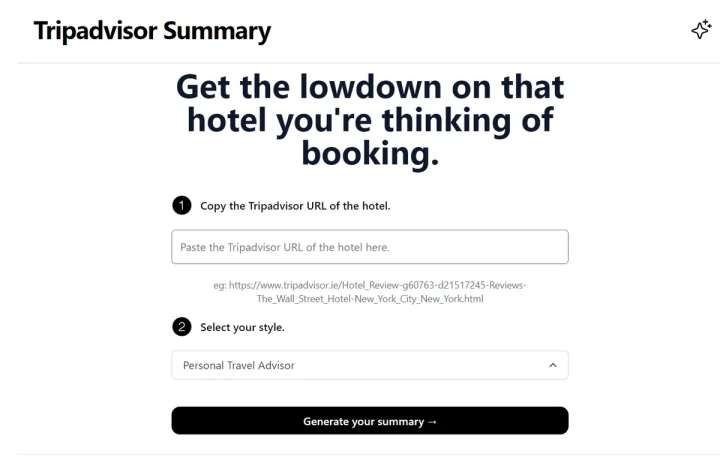 Screenshot of TripAdvisor Summary website