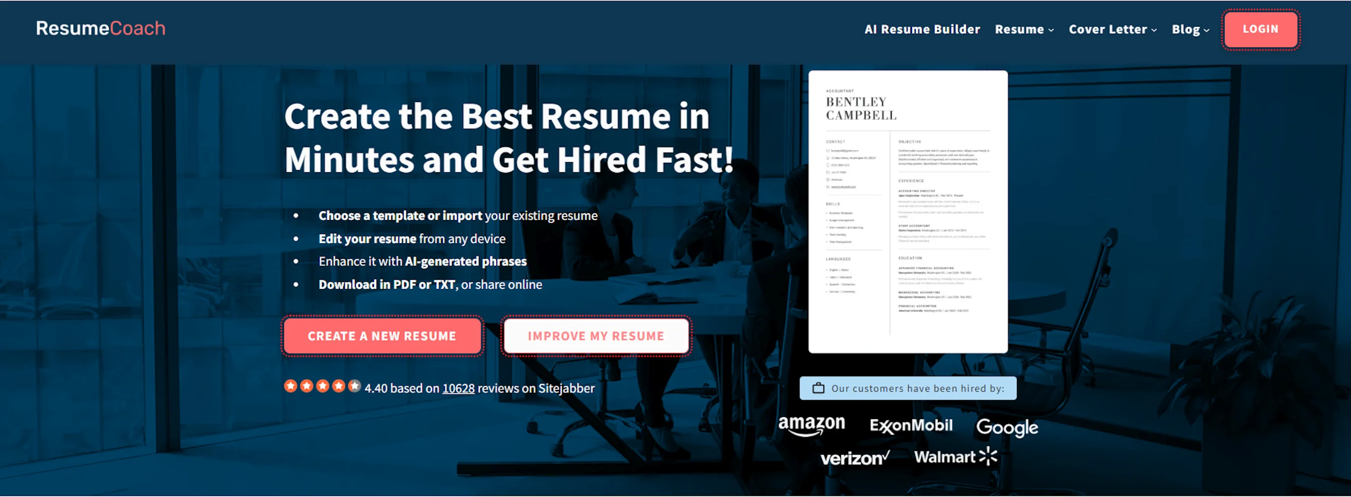 Screenshot of ResumeCoach: AI-powered Resume Builder website