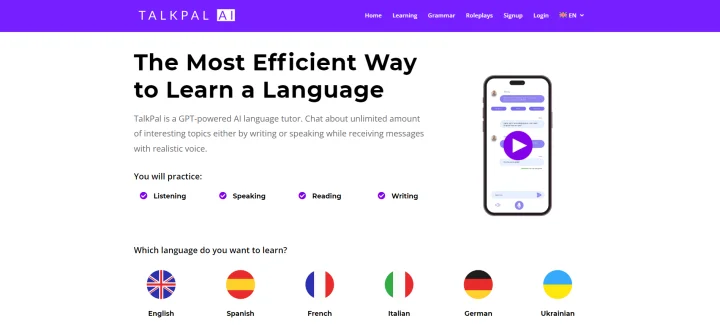Screenshot of TalkPal website