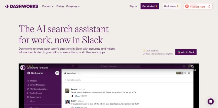 Screenshot of Dashworks for Slack website