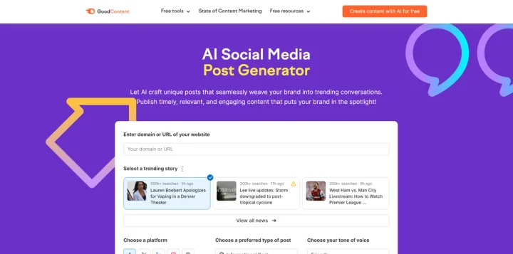Screenshot of AI Social Media Post Generator | SEMRUSH website