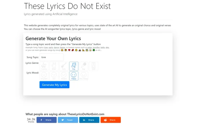 Screenshot of Artificial Intelligence Songwriter website