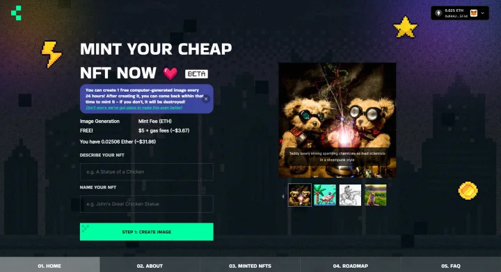 Screenshot of Cheap NFT Art website