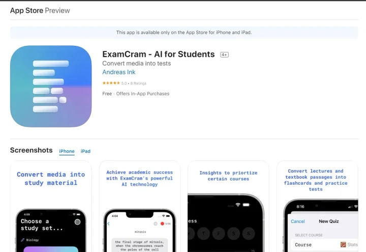 Screenshot of ExamCram website
