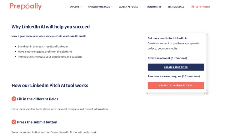 Screenshot of LinkedIn Elevator Pitch AI | Preppally website