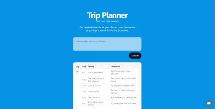 Screenshot of AI Trip Planner website