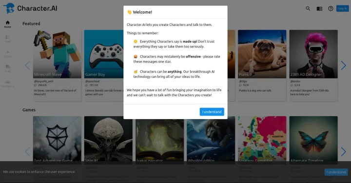 Screenshot of Character AI website