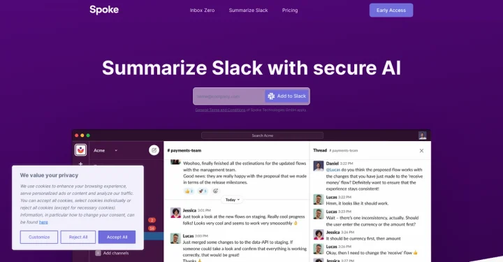 Screenshot of Spoke.ai Slack Summarization website