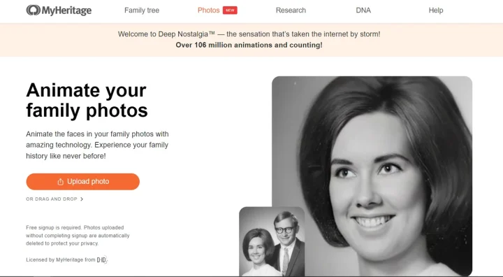 Screenshot of Deep Nostalgia website